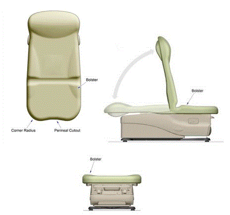 Side view of examination table/chair showing seat bolster.