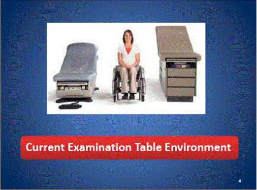 Third and fourth slides from Midmark's presentation. Slide three gives information about Bob Menke the Midmark representative and presenter. Slide four shows two current examination table/chair designs that are currently available. A woman in a wheelchair is positioned between the two tables.