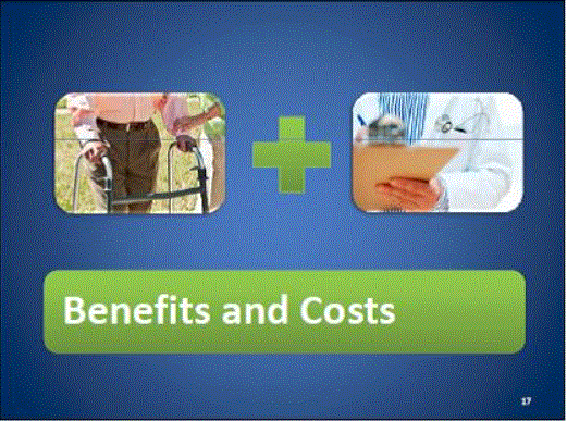 Slide 17: Benefits and Costs. Slide 18: Goals - Maximize percentage of available accessible tables; minimize cost to health care providers.