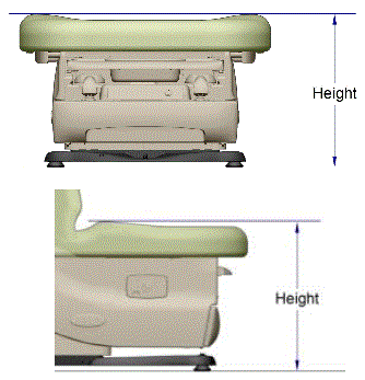 Picture showing the foot end of the examination table with an arrow illustrating the is to be measured from the highest point of the seat. The seat is contoured higher on the sides then in the middle.