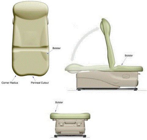 Side view of examination table/chair showing seat bolster.