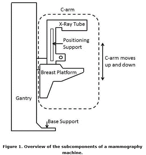 Diagram of mammography equipment with the components identified. The identified components are the c-arm, x-ray tube, positioning support, breast platform, gantry and the base support. Diagram also shows double point arrow demonstrating that the c-arm moves up and down.