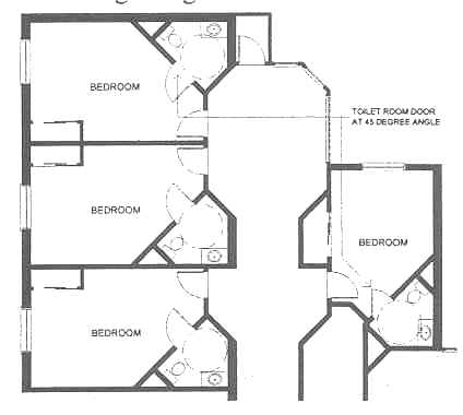 Plan view of Pennswood Village shows placement of the bathroom in a corner of each resident room; out-swinging bathroom door is oriented at 45 degrees to the resident room