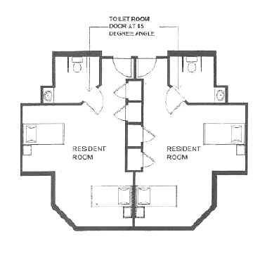 Plan view of two rooms at Bridges Medical Services shows placement of the bathrooms in a corner of each resident room with an out-swinging bathroom door oriented at 45 degrees to the resident room