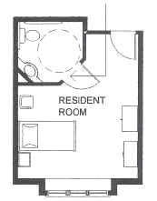 Plan view of a Heritage resident room with a bathroom in a corner; out-swinging bathroom door is oriented at 45 degrees to the resident room