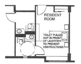 Plan view of resident room with a toilet room that has a toilet and sink on one wall. The wall behind the toilet is furred out. A note states "Toilet pulled out in front of lavatory to prevent obstructions. 