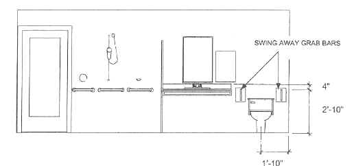 Elevation drawing shows water closet 1 foot 10 inches from the sidewall that has swing away grab bars