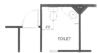 Plan view of toilet room with a toilet located so that the center line is 2 feet 2 inches from a sidewall.