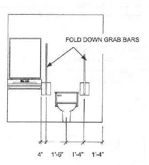 Elevation drawing of toilet with fold down grab bars on each side. One grab bar is 1 foot 4 inches from the toilet centerline and 1 foot 4 inches form the sidewall; the other grab bar is 1 foot 6 inches from the toilet centerline and 4 inches from an adjacent lavatory counter.