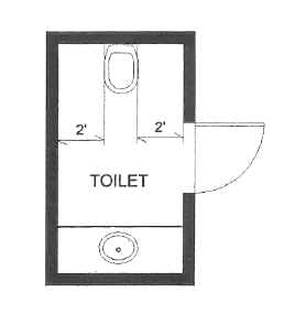 Plan drawing of a toilet with 2' feet clearance on each side; a lavatory counter is located on the opposite wall.