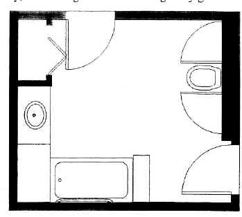 Plan view of toilet room with a toilet with swing away grab bars on both sides, a sink and counter on the opposite wall, and a tub with a grab bar.