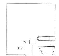 Side elevation of a toilet and grab bar with the location of the toilet paper dispenser shown to be 1 foot above the floor measured to the dispenser centerline.