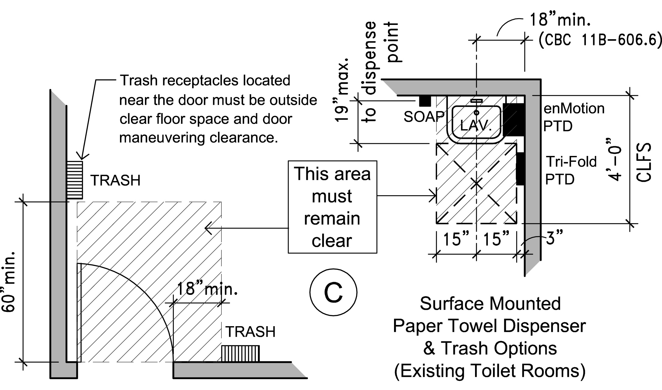 Architectural drawing showing lavatory and accessory layout and door maneuvering clearance with dispenser and trash can placement, including dimensions