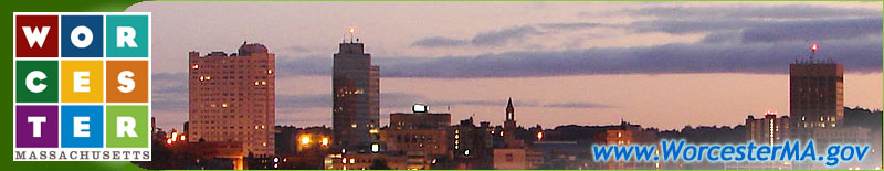 Worcester, MA skyline with sunset behind it