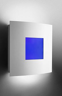 Square white wall sconce with smaller blue square inside the white square