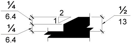  Elevation drawing of a change in level 1/4 to 2 inches (6.4 - 13 mm) high that is beveled with a slope of 1:2.