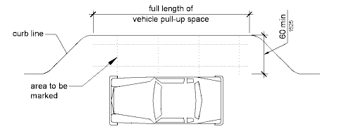 An access aisle at a passenger loading zone is shown to be the full length of the vehicle pull-up space and 60 inches (1525 mm) wide minimum.  The aisle area is to be marked.