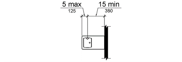 In plan view, the spout is shown to be 15 inches (380 mm) minimum from the vertical support and 5 inches (125 mm) from the front edge of the unit.