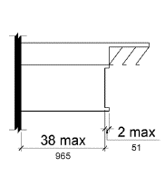 A counter surface is shown in elevation with a maximum height of 38 inches (965 mm) above the floor or ground and with edge protection above the surface that is 2 inches (51 mm) high maximum.