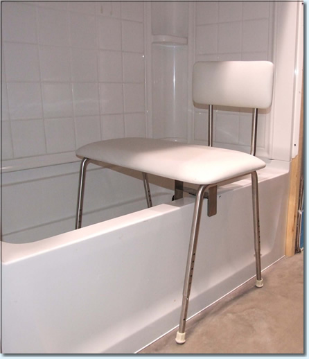 Removable tub seat clamped to the side of the tub, with seat back - front view