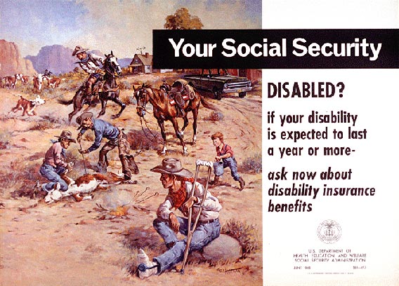 1956 poster from the U.S. Department of Health, Education and Welfare, advertising Social Security disability benefits.