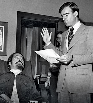Governor Jerry Brown swears Ed Roberts in as director of the California Department of Rehabilitation in 1975.