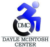 Dayle McIntosh Center logo where DMC is featured inside the wheel of an accessibility symbol