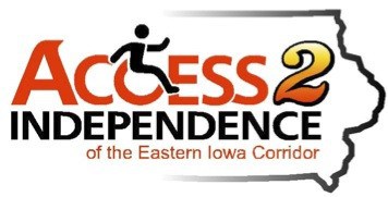 Access To Independence logo with orange and black lettering and an outline of the state of Iowa in the background 