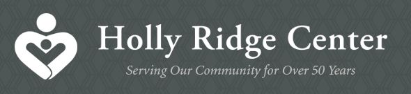 Holly Ridge Center Logo with white lettering on a dark grey patterned background 