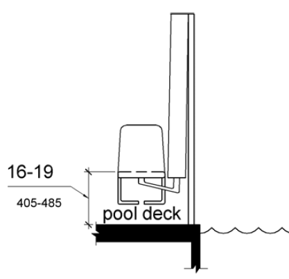An elevation drawing shows pool lift seat height to be 16 to 19 inches (405 to 485 mm) measured from the deck to the top of the seat surface when in the raised (load) position.