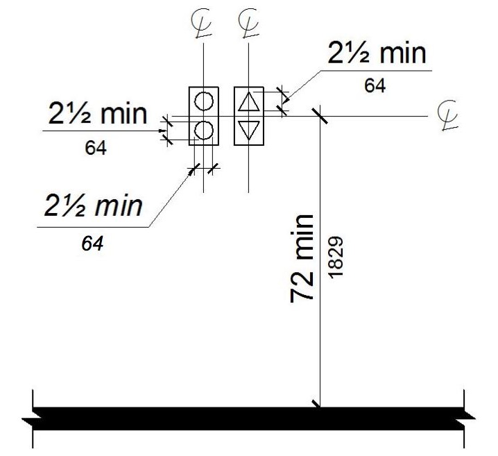 Visible signals are shown centered at 72 inches (1830 mm) minimum above the floor ground.  The individual “up” and “down” elements, one with circular elements, another with triangular elements, are 2 1/2 inches (64 mm) minimum measured along the vertical centerline of the element.