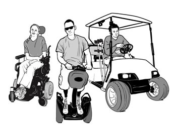 drawing of a woman in a power wheelchair, a man on a Segway®, and a man sitting in a golf car