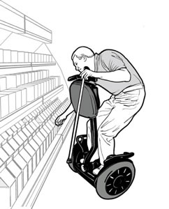 drawing of a man using a Segway® reaching for an item in a grocery store cooler