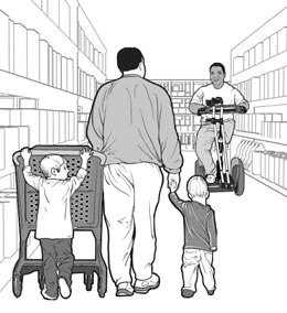drawing of a man with two small children and a man using a Segway® passing in a store aisle