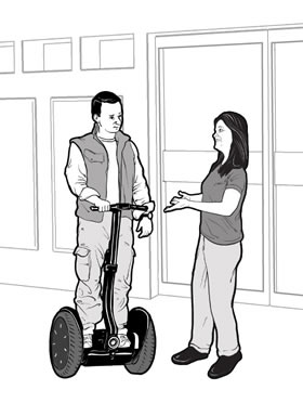 drawing of a store employee having a conversation with a man using a Segway®