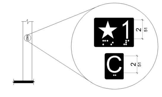 Diagram showing raised characters shall be 2 inches (51 mm) high and be white on a black background. Braille complying with Section 11B-703.3 shall be placed below the corresponding raised characters.