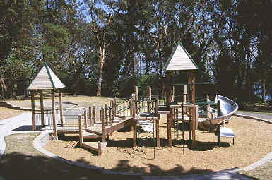 photo of composite play structure with accessible routes within play area boundary