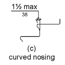 Figures (c) and (d) show curved and beveled nosings, respectively. The maximum projection of the nosing is 1 2 inches (38 mm) beyond the rear of the tread below.