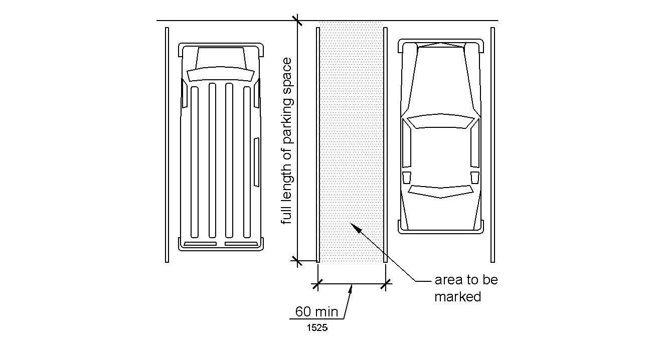 A van and a car parking space are shown in plan view sharing an access aisle.  The access aisle is shown to be 60 inches (1525 mm) wide minimum and as long as the parking space.  The entire length of the aisle area is to be marked.