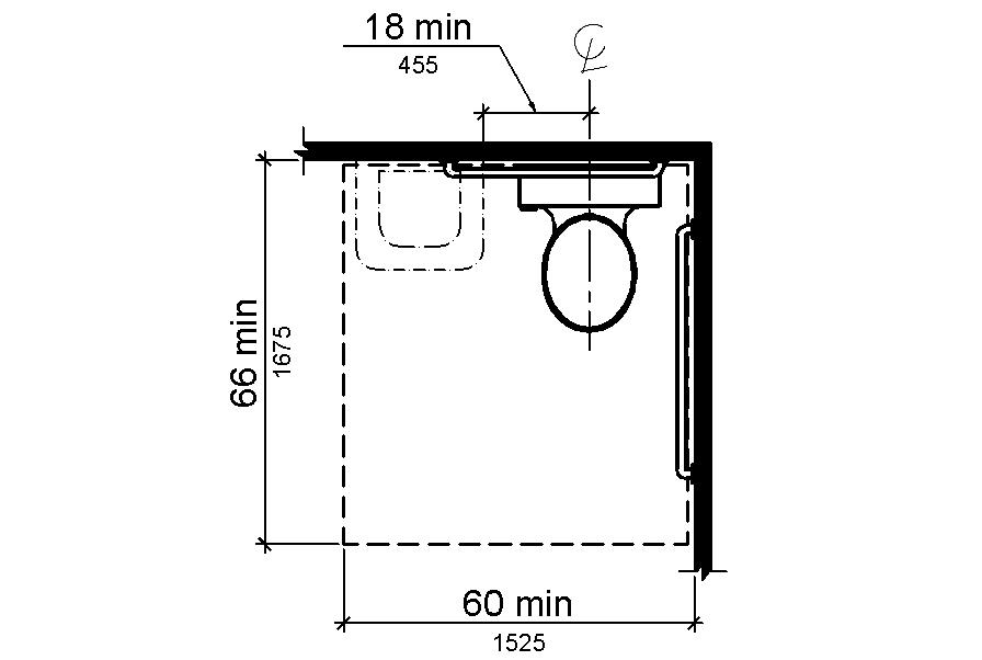 The clearance around a water closet is shown in plan view to be 60 inches (1525 mm) wide minimum and 66 inches (1675 mm) deep minimum with a lavatory permitted on the real wall if the distance between the lavatory nearest edge and the water closet center line is 18 inches (455 mm) minimum.