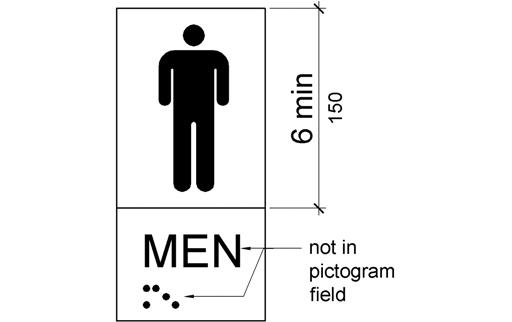 The field height for a men’s room pictogram is shown to be 6 inches (150 mm) minimum.  Tactile and Braille characters are located below, outside the pictogram field.