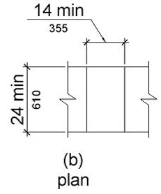 Figure (b) is a plan view of the platform having a depth of 14 inches (355 mm) minimum and a width of 24 inches (610 mm) minimum.  A clear ground space that is 48 inches (1220 mm) long minimum is centered on this dimension parallel to the 24 in (610 mm) minimum long unobstructed side of the transfer platform.