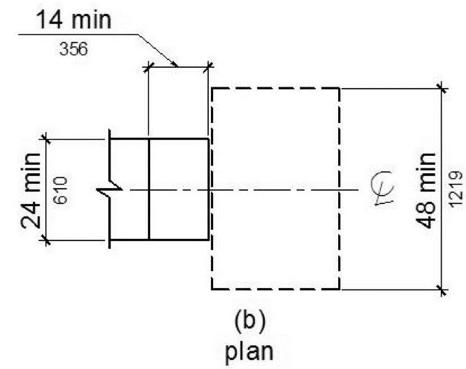 Figure 1008.3.1 (b) shows a plan of a transfer platform. A transfer space complying with Sections 11B-305.2 and 11B-305.3 shall be provided adjacent to the transfer platform. The 48 inch (1219 mm) long minimum dimension of the transfer space shall be centered on and parallel to the 24 inch (610 mm) long minimum side of the transfer platform. The side of the transfer platform serving the transfer space shall be unobstructed.