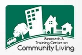 Logo for Research and Training Center on Community living shows these objects in silhouette against a green background: A car or van, a tree, a tall office or apartment building, and two houses.