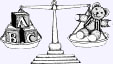 figure with scales of justice with blocks on one side and a teddy bear on the other