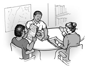 Illustration: Two people seated at a table refer to agendas while a third seated person speaks