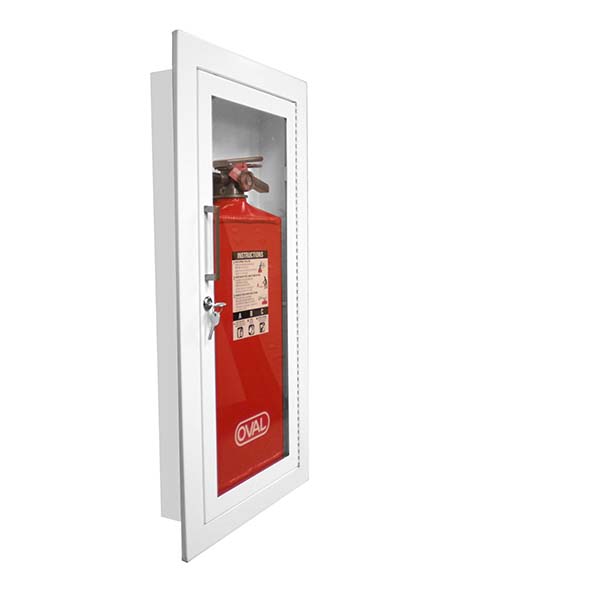 white fire extinguisher cabinet with extinguisher inside